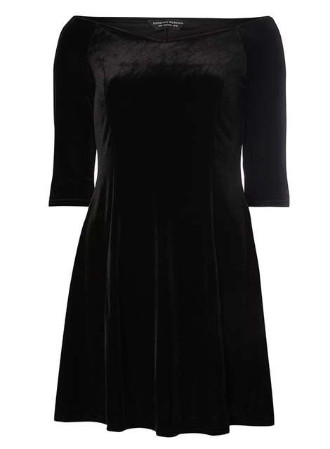 Black Fit and Flare Velour Bardot Dress